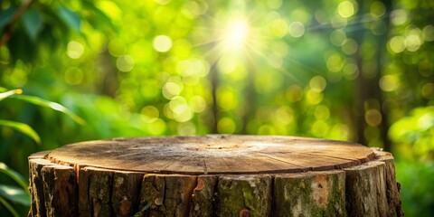 Fototapeta premium A beautifully detailed old tree stump serves as a focal point, set against a dreamy green backdrop ideal