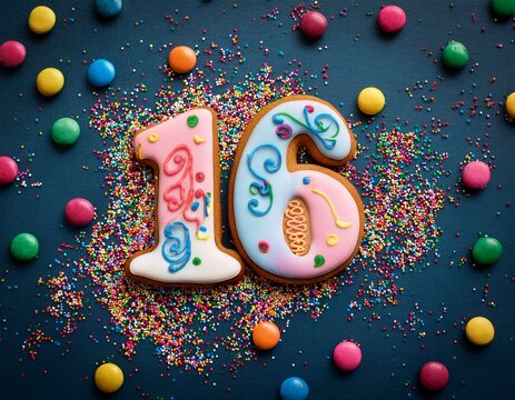 Decorated cookie, number 16, image for birthday or anniversary celebration