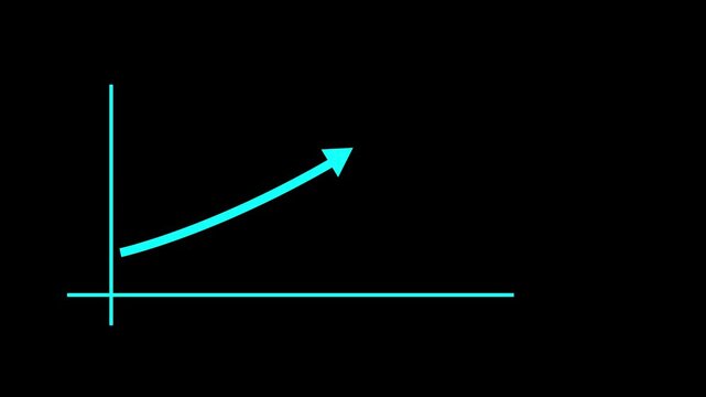 glowing aquamarine color business growth graph and upward arrow animation on the black background. Digital bar chart with growing business concept. Abstract background