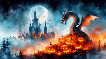 A majestic dragon perched on a pile of glowing pumpkins, with fog surrounding a haunted castle in the background, under a crescent moon, ideal for ad copy space
