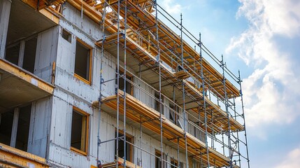 Obraz premium Constructing a Building with Scaffolding in Urban Cityscape