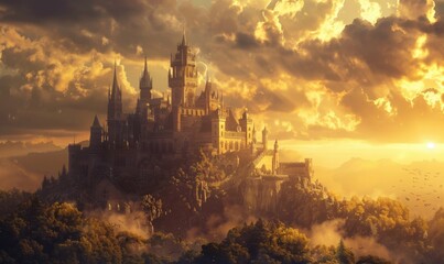 Naklejka premium Heavenly stronghold bathed in golden sunlight, 4K hyperrealistic photo