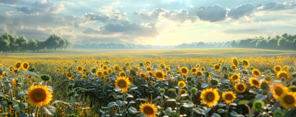 Fototapeta premium Blooming sunflower fields, 4K hyperrealistic photo,