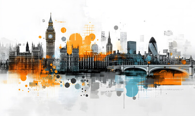 Big Ben and London cityscape double exposure contemporary style minimalist artwork collage illustration design