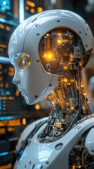 Fototapeta premium A futuristic robot showcasing intricate mechanics and glowing circuits, symbolizing advanced technology and innovation.