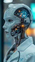 A futuristic robot with advanced technology showcasing its intricate design and glowing components, symbolizing innovation.