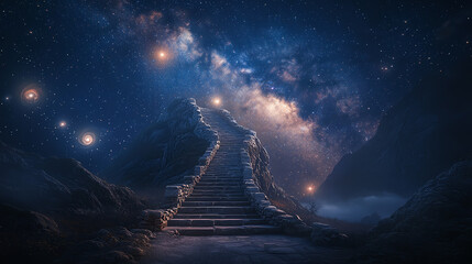 Staircase leading to starry night sky, mystical atmosphere.