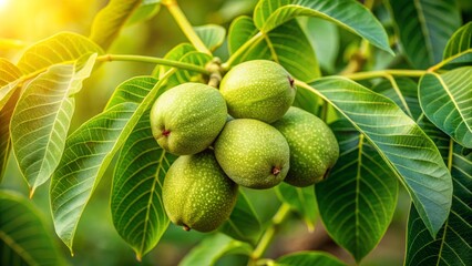 A close view of young walnuts on tree branches amid rich green foliage, illustrating the beauty of organic