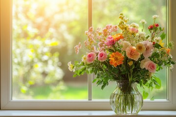 A stunning arrangement of pink, orange, and white flowers fills a glass vase, illuminated by warm sunlight streaming through the window. Generative AI
