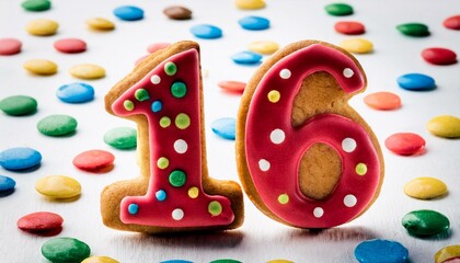 Decorated cookie, number 16, image for birthday or anniversary celebration
