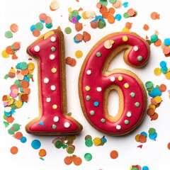 Decorated cookie, number 16, image for birthday or anniversary celebration