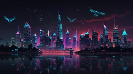 Neon city skyline with glowing birds flying.