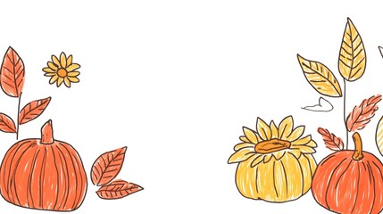 Illustration of autumn pumpkins and flowers in warm colors.