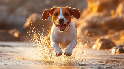 Happy beagle dog running through shallow water on a beach at sunset.