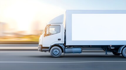 Logistic delivery truck in motion, showcasing dynamic movement, close-up view emphasizing details of the vehicle's design and functionality