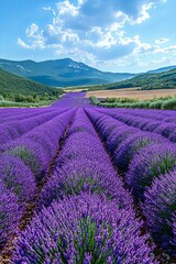 Obraz premium Scenic view of lavender field with mountains in the distance under blue sky
