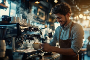 A cheerful barista is actively preparing a cup of coffee in a bustling café, with steam gracefully rising, reflecting a lively and welcoming atmosphere.