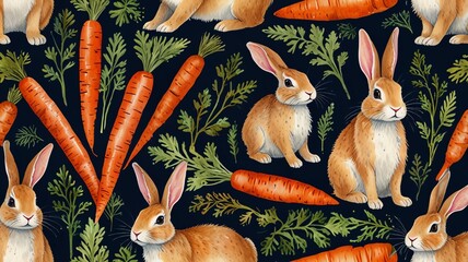 Seamless pattern with rabbits and carrots.