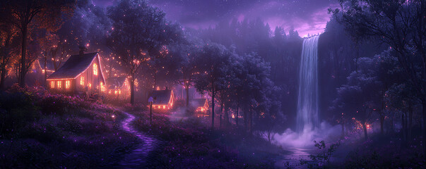 Scenic night landscape with a waterfall and illuminated cabin.