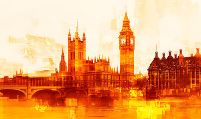 Naklejka premium Big Ben and London cityscape double exposure contemporary style minimalist artwork collage illustration design