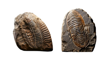 Two trilobite fossils embedded in stone, showcasing intricate details of ancient marine life symbolizing geological history and paleontology