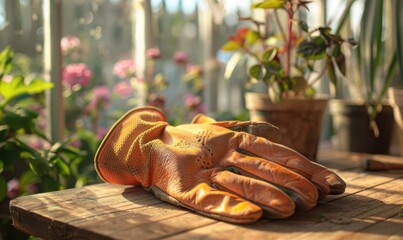 Pair of gardening gloves on the potting table, 4K hyperrealistic photo