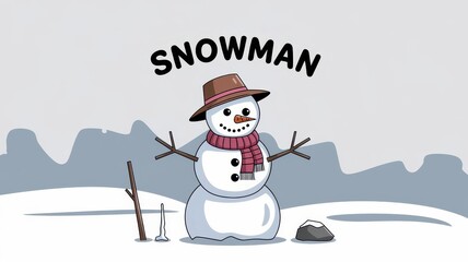 Fototapeta premium Snowman winter illustration, snowman cartoon illustration in the snowfall winter season cold weather