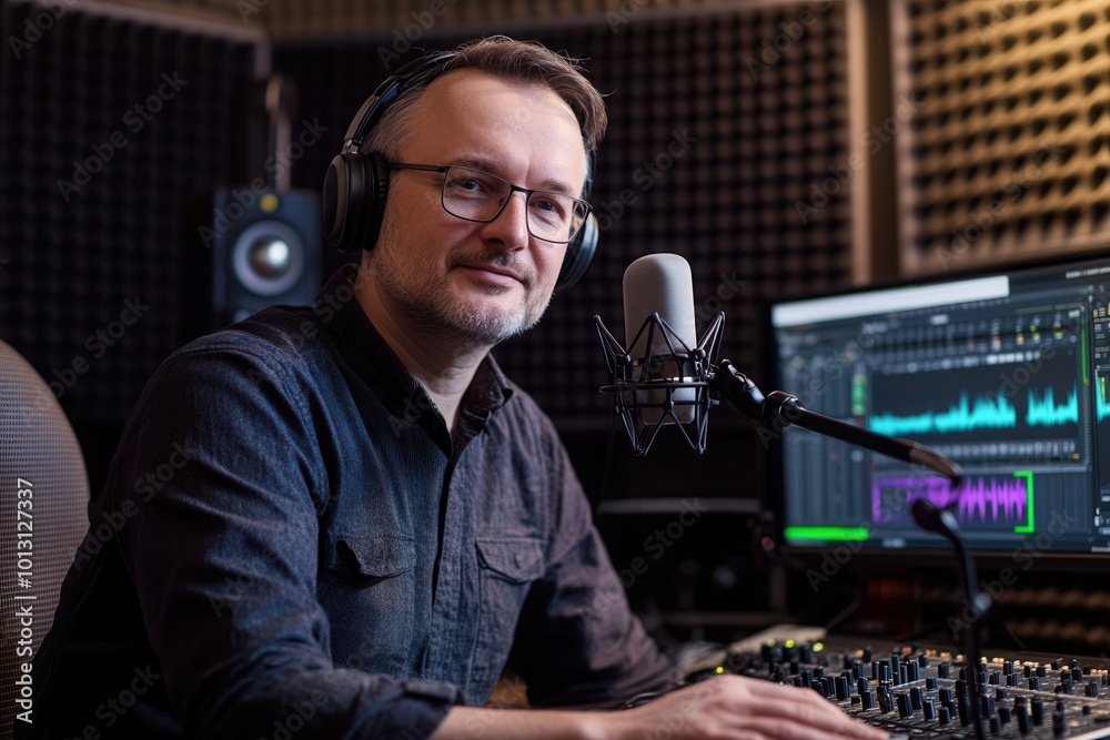 Leinwandbilder the podcaster speaks passionately into the microphone while adjusting sound settings in the recordin