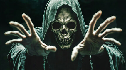 A chilling close-up of a creepy hooded skeleton figure with outstretched hands reaching towards viewers against a dark background