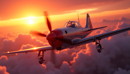 Vintage airplane flying through colorful sunset clouds
