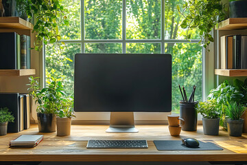 Fototapeta premium Stylish home office mockup setup with laptop on table, plants and books, Productive Workspace with Copy space