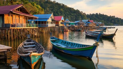 A charming fishing village in Satun, with stilt houses and colorful boats bobbing in the harbor during sunrise.