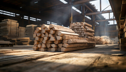 Piles of processed lumber neatly stacked inside a spacious warehouse, with sunlight streaming through, highlighting the wooden textures