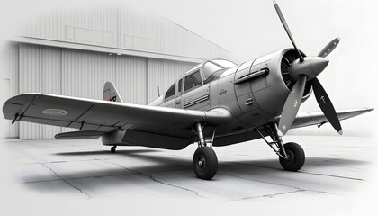 Vintage airplane positioned in an industrial hangar, showcasing sleek design in black and white