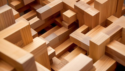 An abstract composition of wooden blocks interlocked in a complex geometric pattern, creating a visually intricate and textured structure