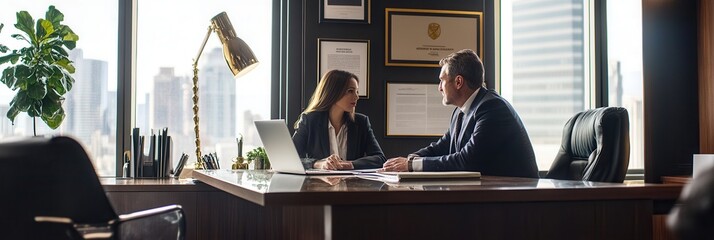 A lawyer and client engage in a discussion at a sleek office, exchanging legal insights while enjoying a view of the city. Generative AI