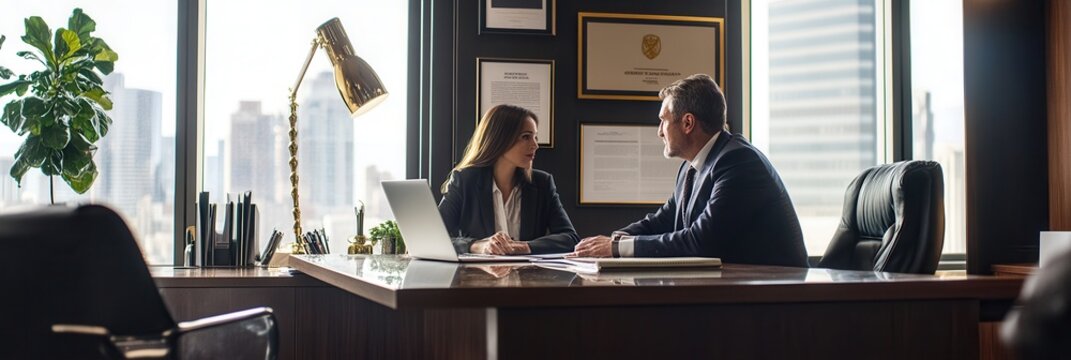 A lawyer and client engage in a discussion at a sleek office, exchanging legal insights while enjoying a view of the city. Generative AI