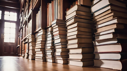 Obraz premium A stack of books in a library or bookstore. Books or textbooks. AI generated image, ai