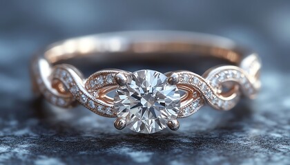 Elegant diamond engagement ring with a detailed twisted band on a textured surface