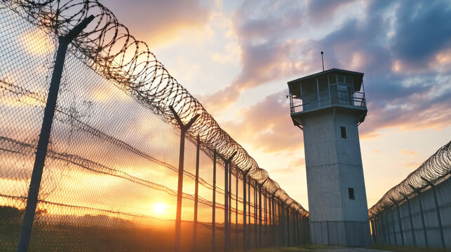 High security prison entrance with barbed wire fence and guard tower illuminated by sunset light in a wide angle view