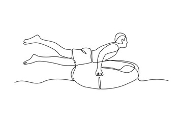 simple continuous line drawing of young man swimming while using a balloon. Holiday minimalist concept. Sea holiday, diving, simple line, vector.