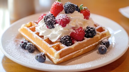 A delightful serving of Belgian waffles topped with fresh berries and whipped cream, showcasing the sweetness of this iconic dessert.