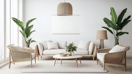 A bright lounge featuring woven chairs, a sofa, and leafy plants, creating an inviting and comfortable space.