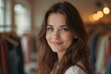Obraz premium Smiling young woman shopping in a clothing store with vibrant displays in the background 