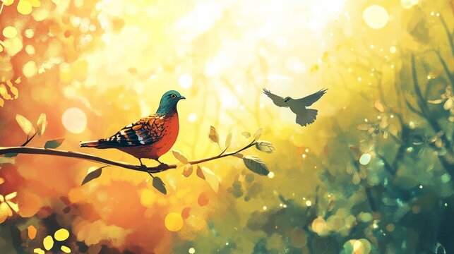 A vibrant bird perched on a branch in a beautifully lit forest scene. The sun shines through the leaves, creating a magical atmosphere. Nature inspires wonder. AI