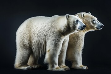 Fototapeta premium the beside view Polar Bears, left side view, white copy space on right, Isolated on dark Background