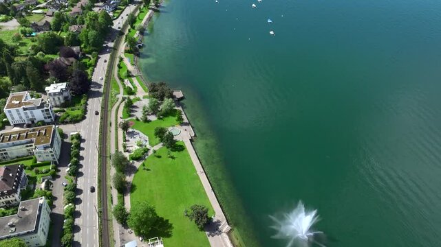 Aerial view of the city Rorschach on lake Constance in Switzerland on a sunny day. The fountain in the Lake, Wasserspiel