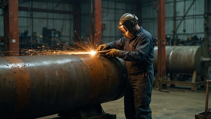 Welding a large metal cylinder in a factory.