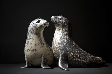 the beside view Seals, left side view, white copy space on right, Isolated on dark Background