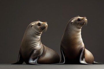 Fototapeta premium the beside view Sea Lions, left side view, white copy space on right, Isolated on dark Background